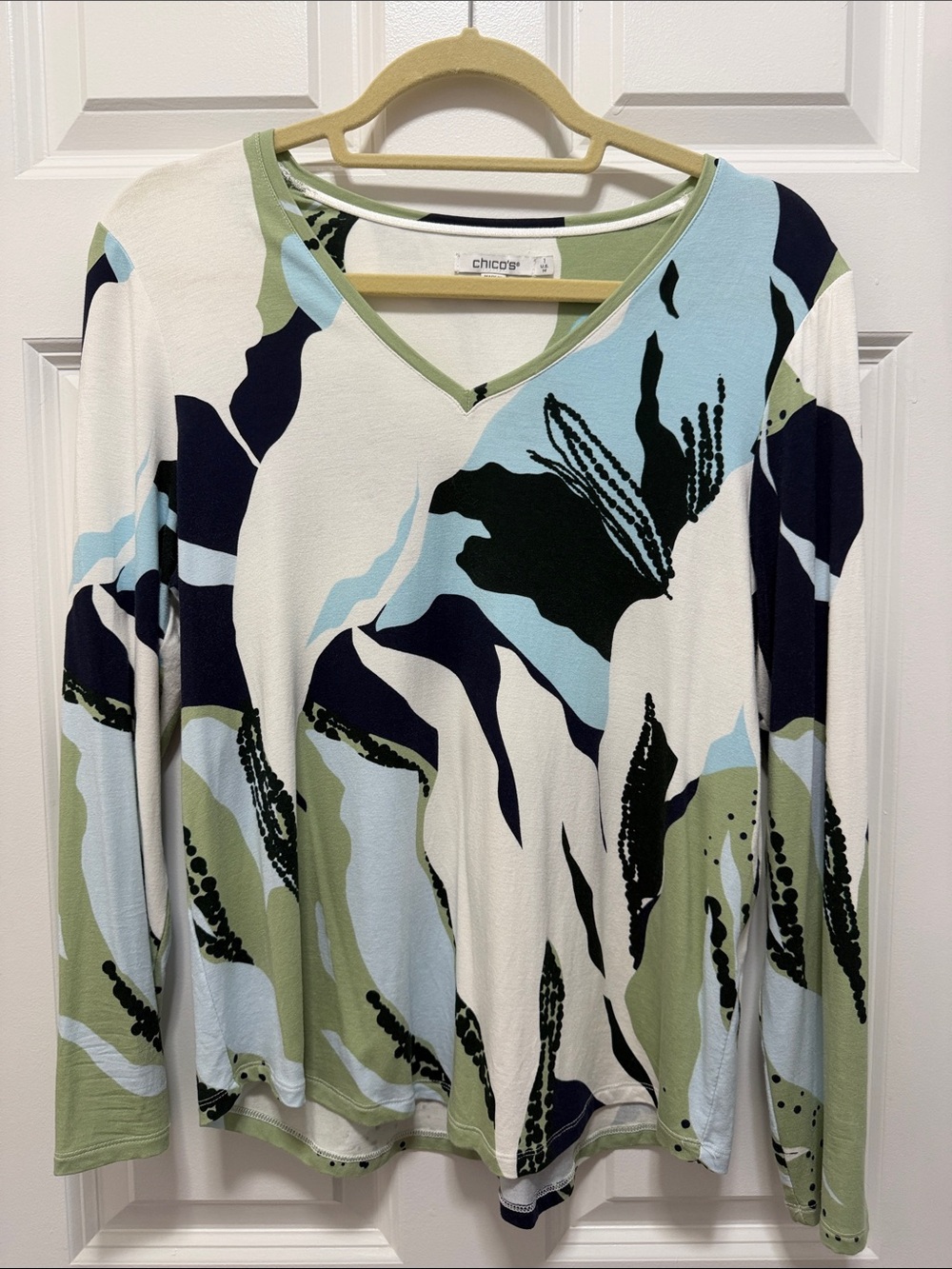 Chico's Abstract V-Neck Long Sleeve Sweater - White, Light Blue, Olive, Navy